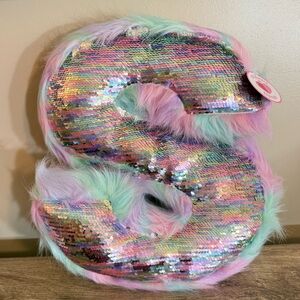 NEW Justice Reversible Sequins S Initial Accent Pillow Faux Fur Pastel Multi